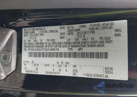 2016 Ford Escape Se from USA, damaged, VIN 1FMCU9GX7GUC49015